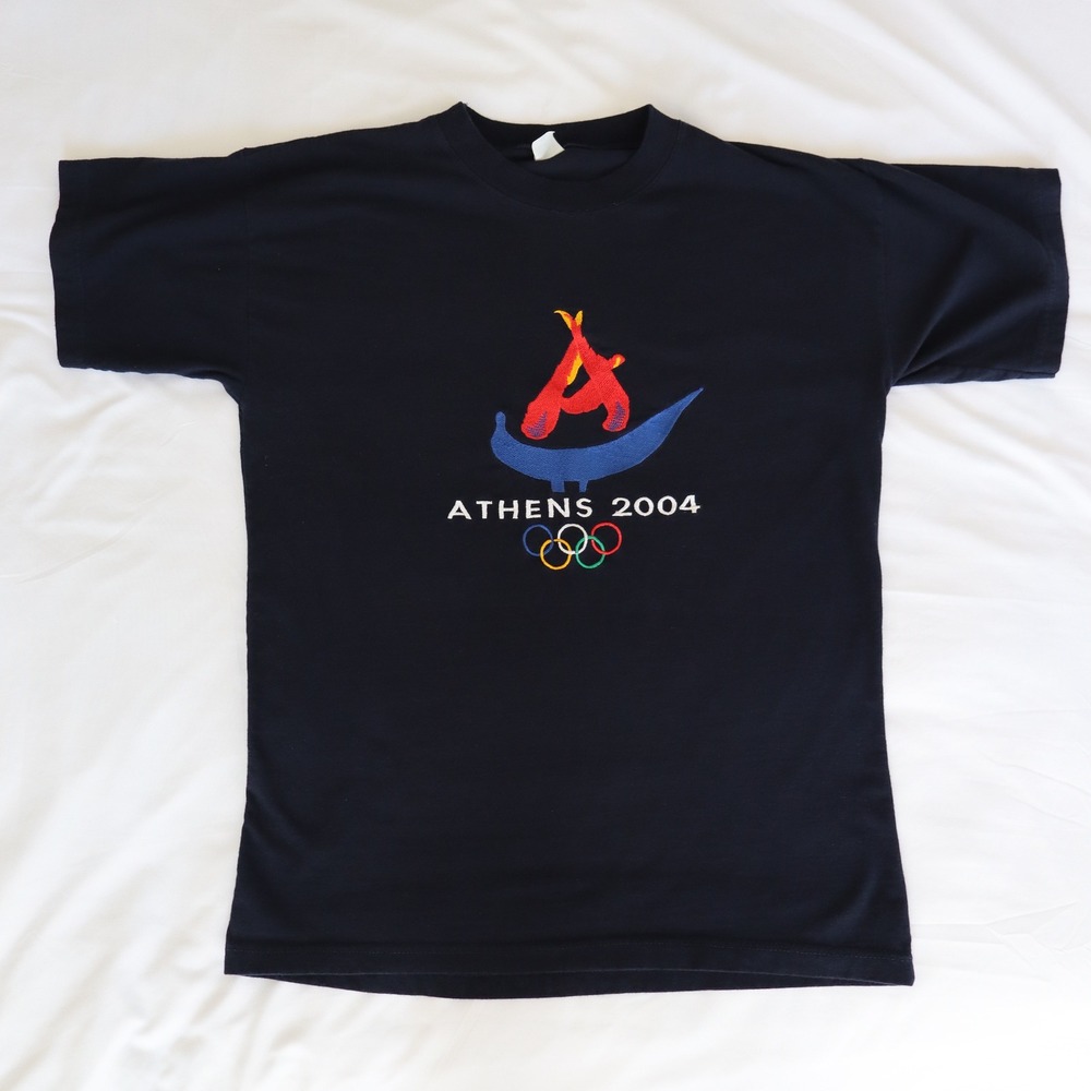 Vintage Athens 2004 Olympics Black T-Shirt Graphic Tee Women's Medium